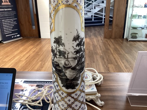 Lot 176 - Two large Dresden porcelain column table lamps...