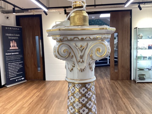 Lot 176 - Two large Dresden porcelain column table lamps...