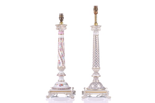 Lot 176 - Two large Dresden porcelain column table lamps...