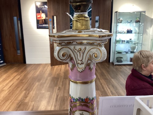Lot 176 - Two large Dresden porcelain column table lamps...