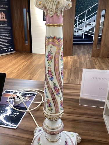 Lot 176 - Two large Dresden porcelain column table lamps...