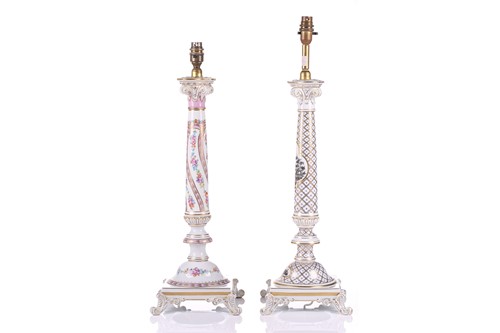 Lot 176 - Two large Dresden porcelain column table lamps...