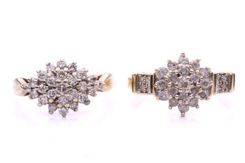 Lot 72 - Two diamond cluster rings in 9ct gold; the...