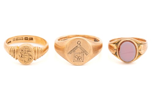 Lot 178 - Three signet rings in 9ct gold; including a...