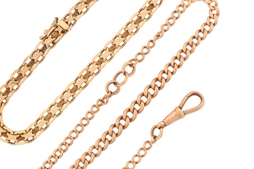 Lot 69 - Two 9ct gold chains; including a curb link...