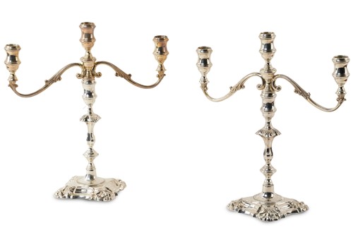 Lot 515 - A pair of 20th-century silver three sconce...