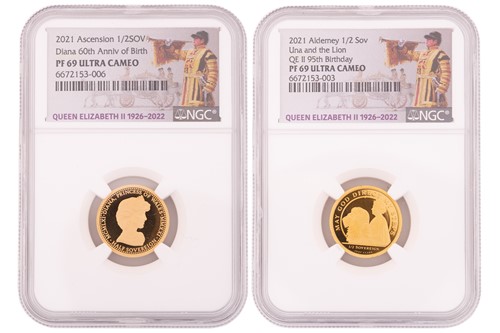 Lot 310 - Two gold proof half sovereigns; including 'Una...