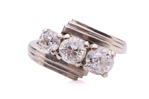 Lot 84 - A three-stone old cut diamond ring, with three...
