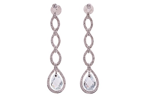 Lot 37 - A pair of diamond and aquamarine dangle...