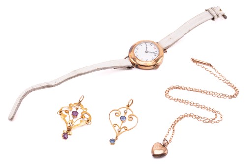 Lot 104 - A gold Watch, two Edwardian pendants and a...