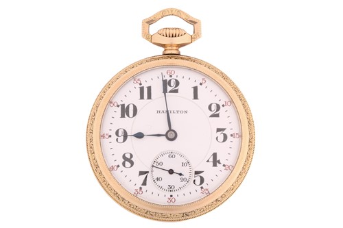 Lot 397 - A Hamilton gold plated pocket watch, the white...