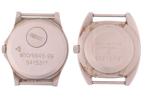 Lot 444 - A pair of CWC W10 military-issued watches, the...