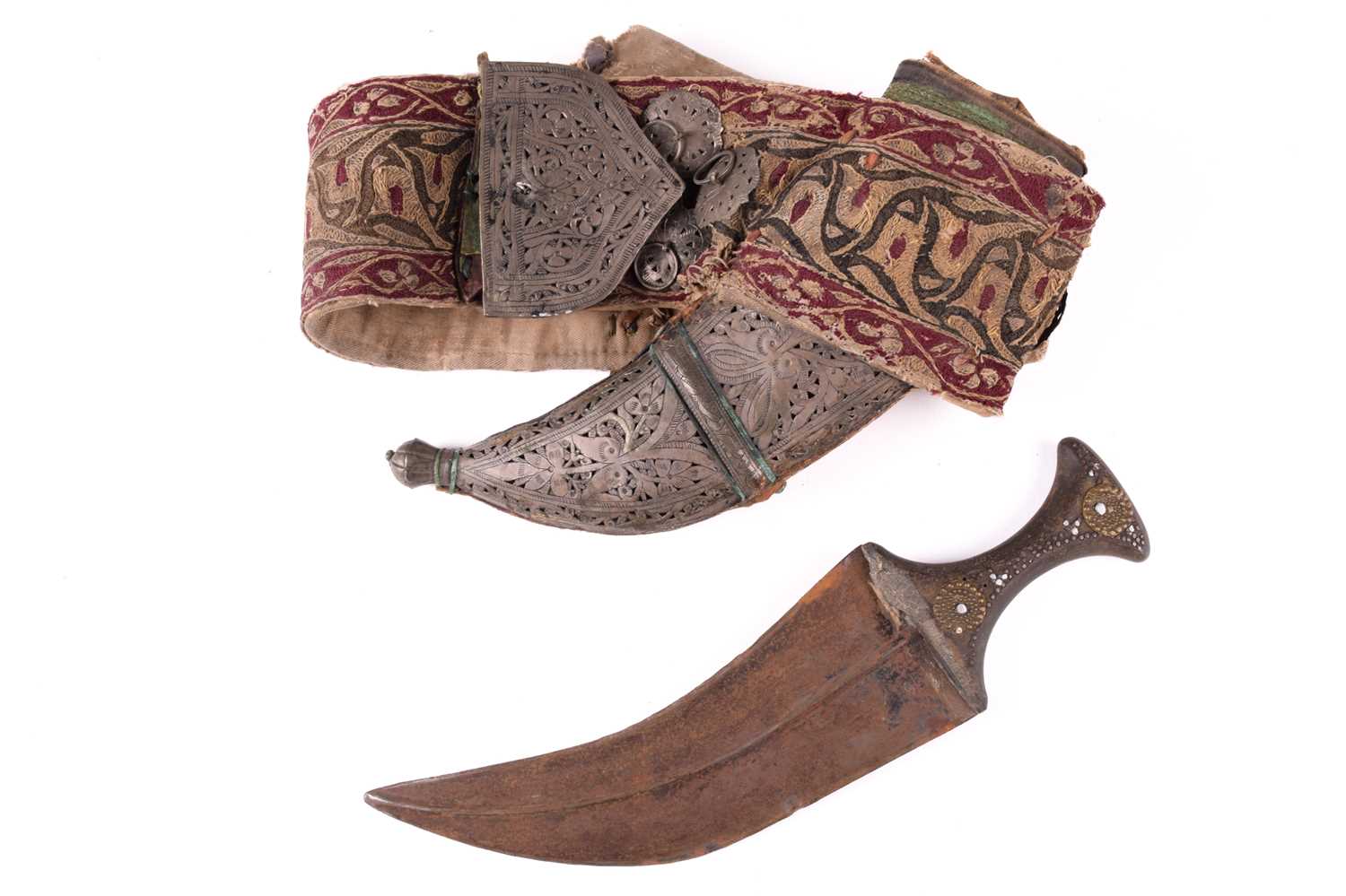 Lot 238 - An old Yemeni Khanja/Jambiya scabbard and belt,...