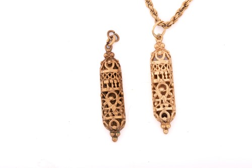 Lot 236 - Two 9ct gold mezuzah pendants and a twisted...