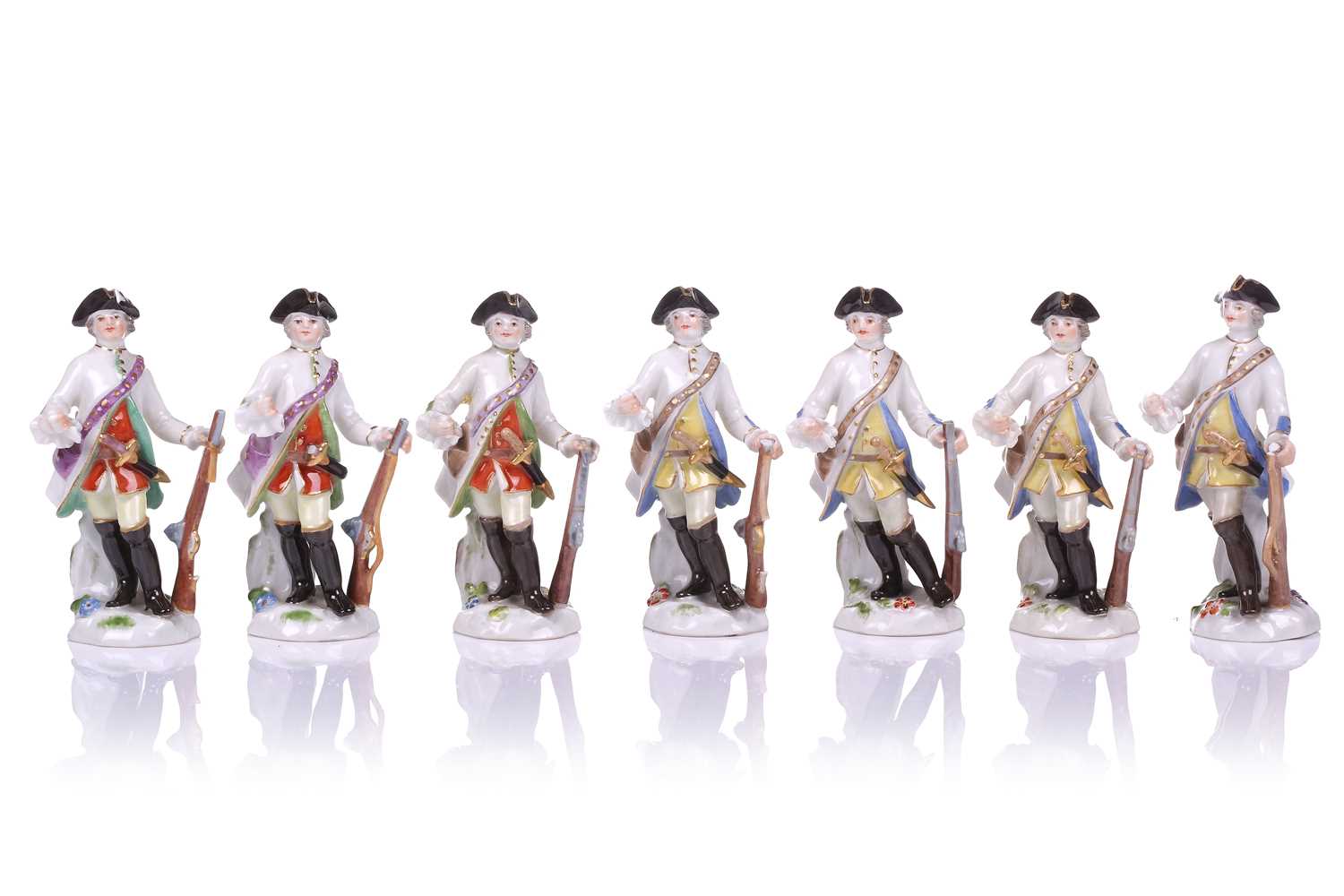 Lot 392 - A group of seven Meissen porcelain soldier...