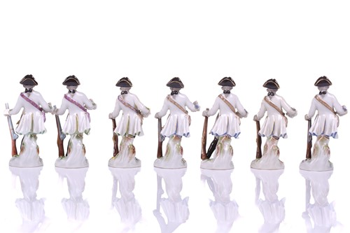 Lot 392 - A group of seven Meissen porcelain soldier...