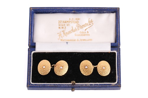 Lot 9 - A pair of 18ct gold and seed pearl oval panel...