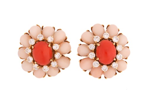 Lot 192 - A pair of coral and diamond cluster clip-on...