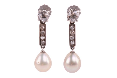Lot 78 - A pair of diamond and pearl drop earrings;...