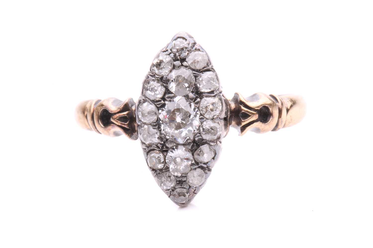 Lot 128 - A diamond panel ring of navette shape, centred...