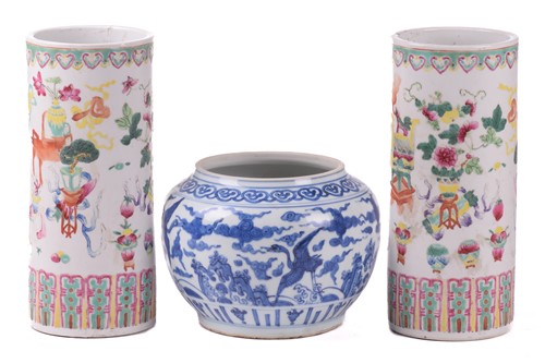 Lot 140 - A pair of Chinese porcelain sleeve vases,...