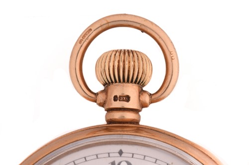 Lot 320 - A 9 carat gold open-faced pocket watch; the...