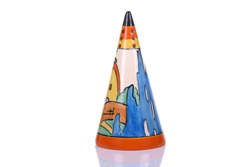 Lot 105 - A 1930s Clarice Cliff conical sugar sifter, in...