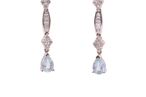 Lot 8 - A pair of diamond and aquamarine drop earrings...