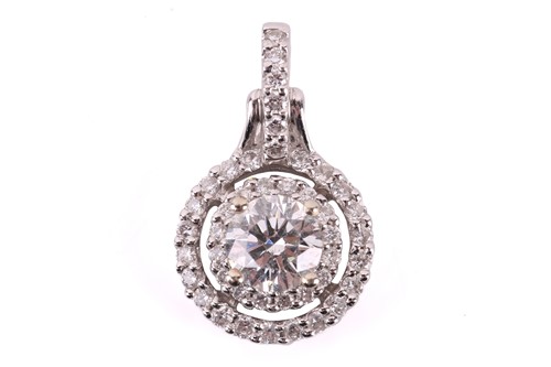 Lot 75 - A diamond cluster pendant, the central round...