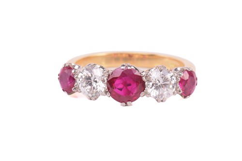Lot 34 - A five-stone synthetic ruby and diamond...