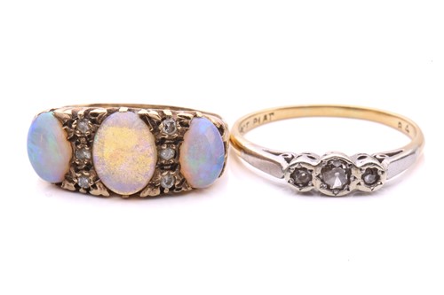 Lot 173 - A three-stone opal dress ring and a diamond...