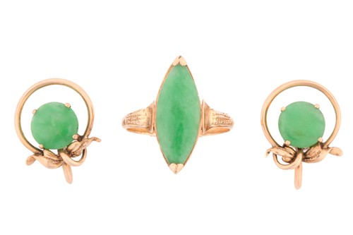 Lot 14 - A pair of jade earrings and a dress ring; the...