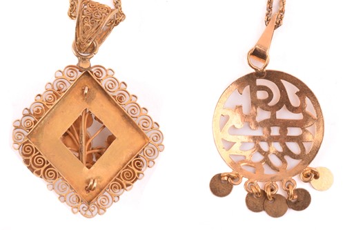 Lot 182 - Two pendants on chain and another; the rhombic...