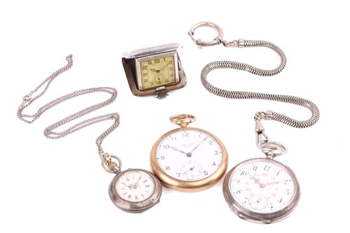 Lot 391 - Three open-face pocket watches and a travel...