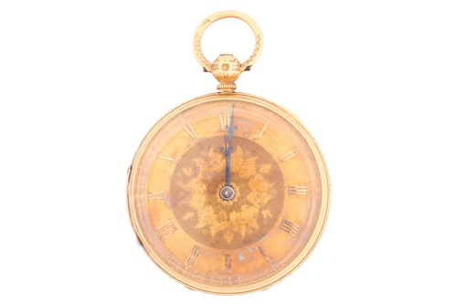 Lot 399 - An open-face 18ct gold pocket watch with a key...