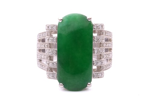 Lot 29 - A jade and diamond cocktail ring, featuring a...