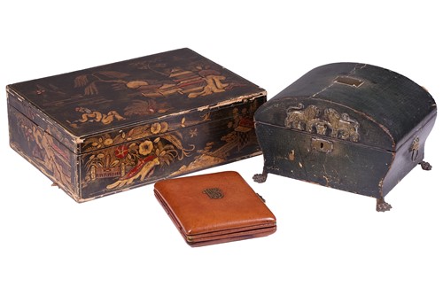 Lot 435 - A Regency sewing box of casket form, green...