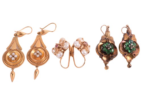 Lot 247 - Three pairs of gem-set earrings; including a...