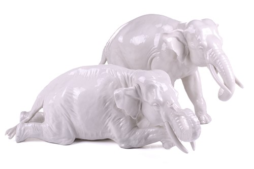 Lot 189 - Two large Nymphenburg blanc de chine elephant...