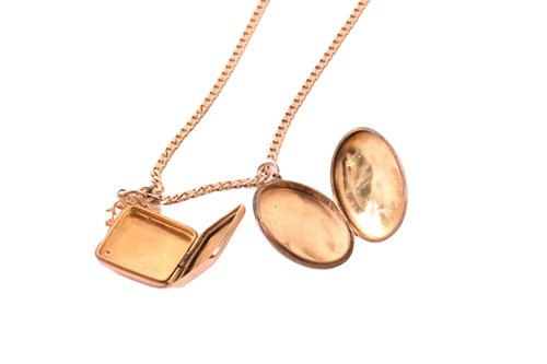 Lot 250 - Two 9ct gold lockets on chain and two others;...