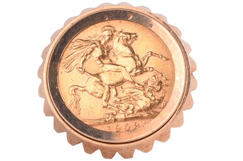 Lot 336 - An Edward VII 1908 full sovereign ring mounted...