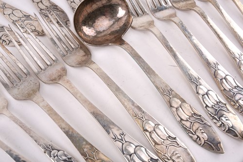 Lot 539 - A composite set of Danish white metal flatware,...