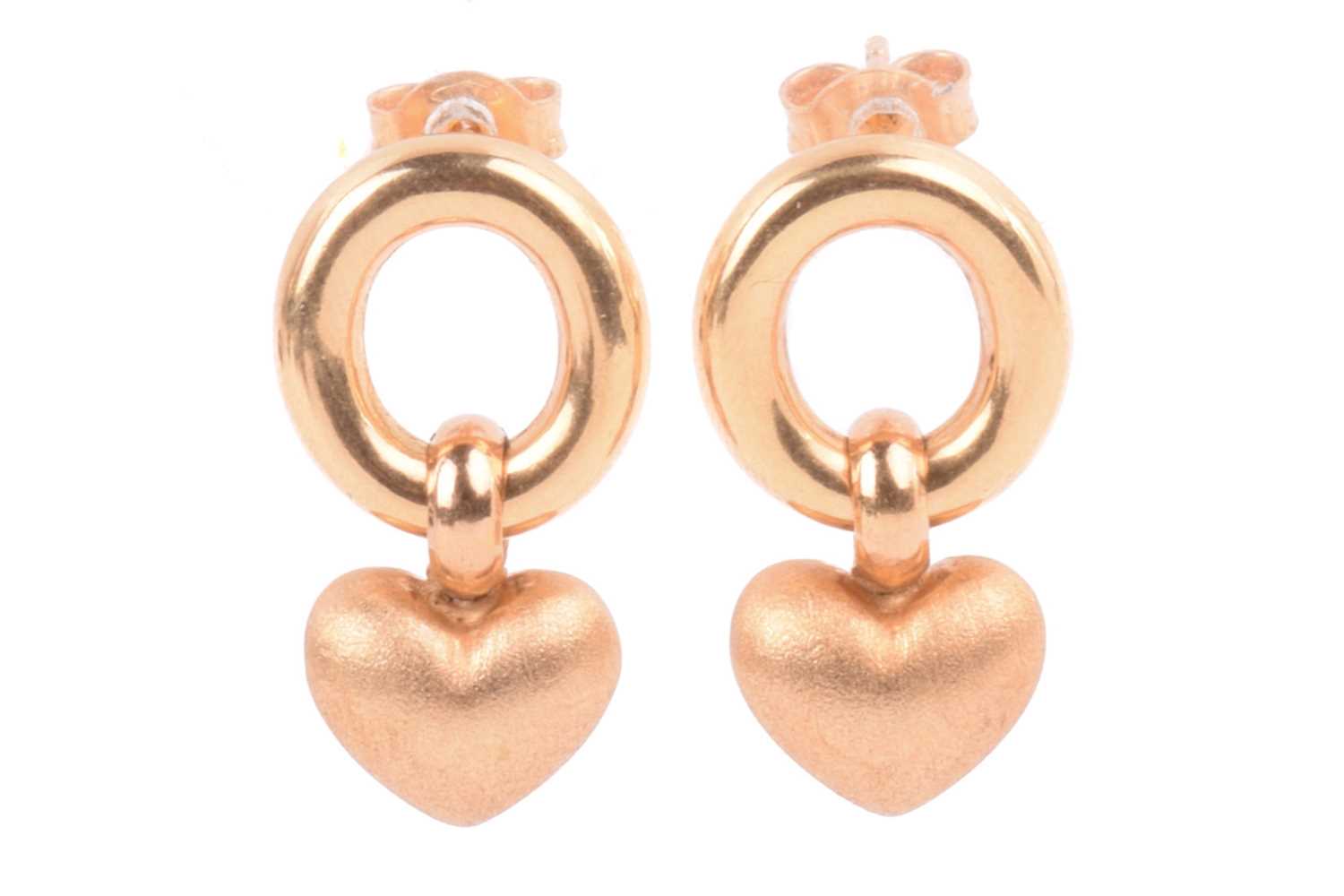 Lot 137 - A pair of heart dangling earrings in 18ct...