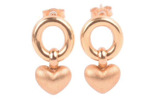 Lot 137 - A pair of heart dangling earrings in 18ct...