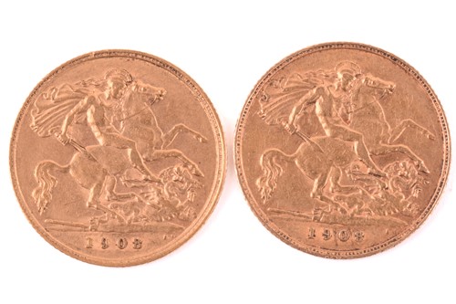 Lot 332 - Two Edward VII half sovereigns both 1908,...