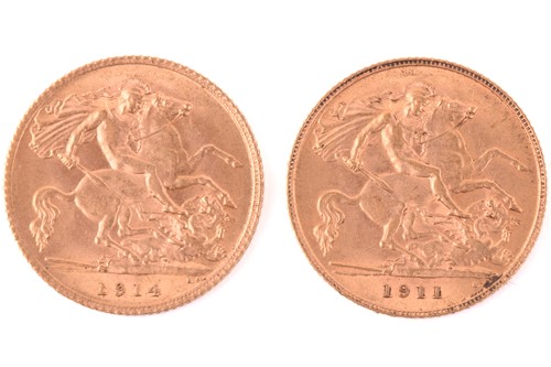 Lot 310 - Two George V half sovereigns 1911 and 1914,...