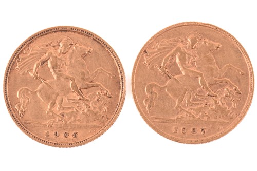 Lot 303 - Two Edward VII half sovereigns 1905 and 1907,...