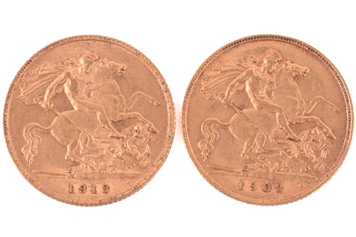 Lot 302 - Two half sovereigns one Edward VII 1908,...