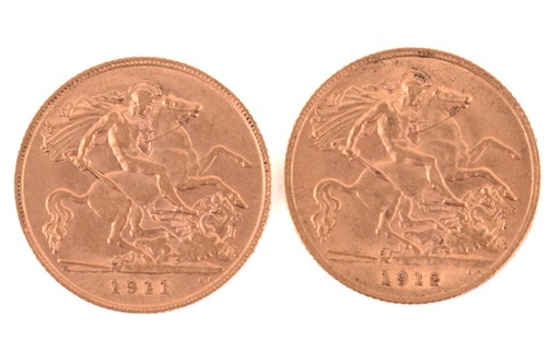 Lot 308 - Two George V half sovereigns, 1911, 1912,...