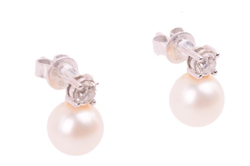 Lot 142 - A pair of cultured pearl and diamond earrings...